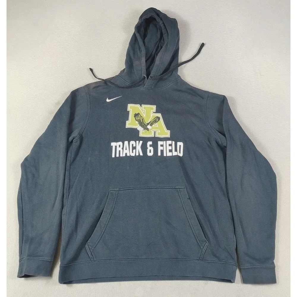 Nike Sweatshirt Club Fleece Mens Medium Black NA Track & Field Hoodie Distressed
